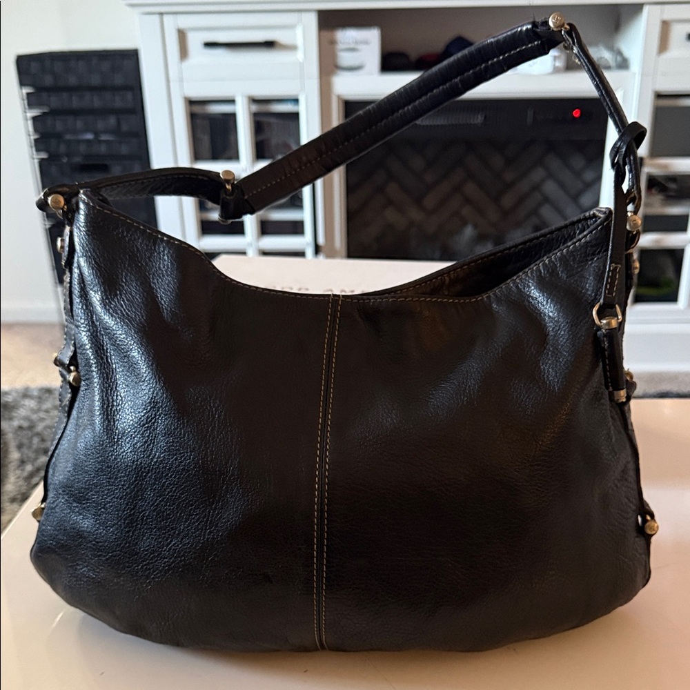 Liz Claiborne Elegant Genuine Leather Black Hobo Bag with Brass accents